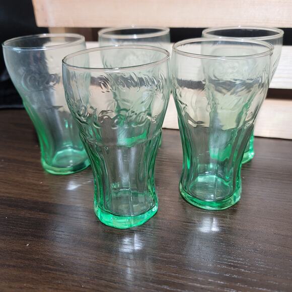 5 Libbey Mini Coca Cola Coke Vintage Glasses Green Tinted 4.5 inches tall - Picture 6 of 6